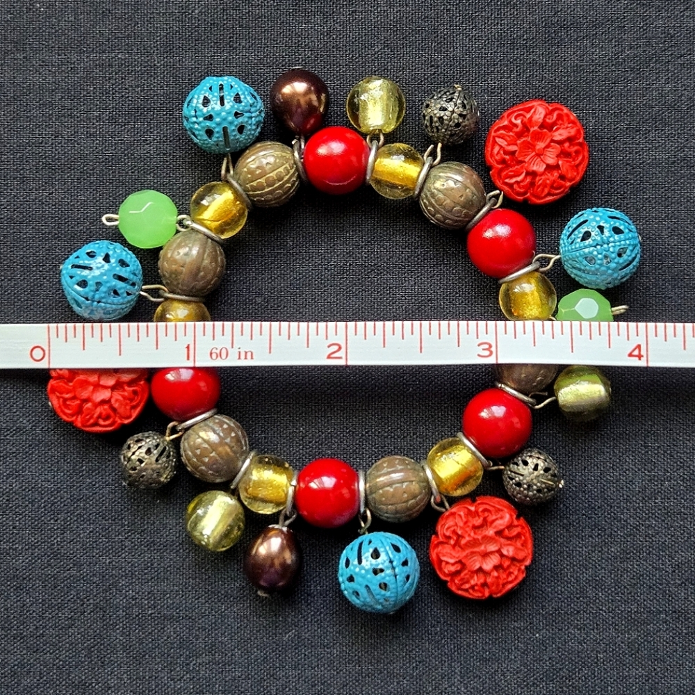 VTG Boho Multicolor Beaded Bracelet Stretch w Wood Glass Metal and Resin Beads - Picture 9 of 9